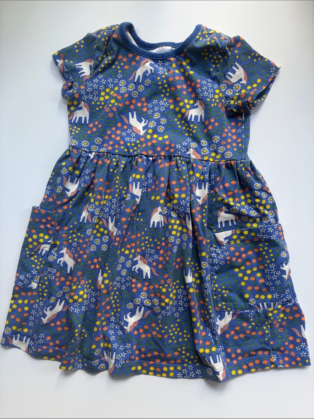 Girls' Blue Unicorn & Floral Pocket Dress